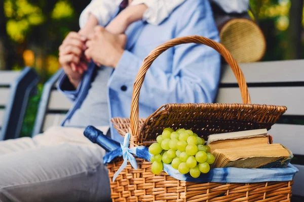 Cesta de picnic llena de frutas — Foto de Stock