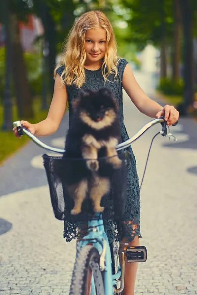 Sarışın kız bir bisiklet ve bir Spitz köpek 