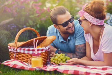 Bir battaniye bir parkta yatan Çift