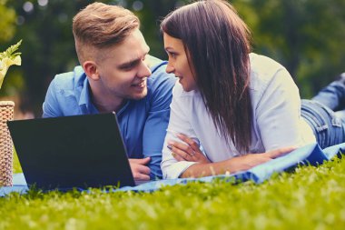 Piknik üzerinde çekici çift