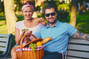 Piknik bir parkta bir bankta