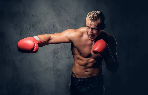 Shirtless kick boxer showing his punches — Stock Photo, Image