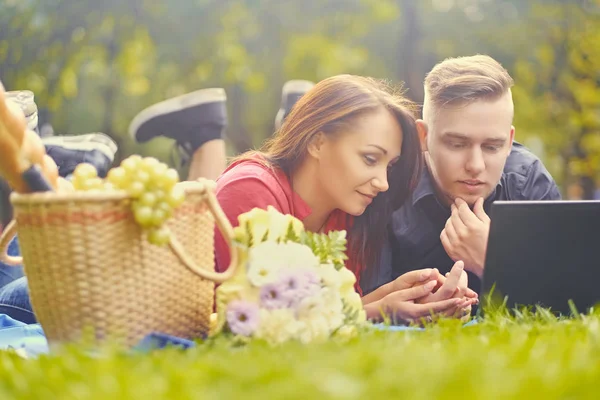 Attraktives Paar mit Laptop beim Picknick — Stockfoto