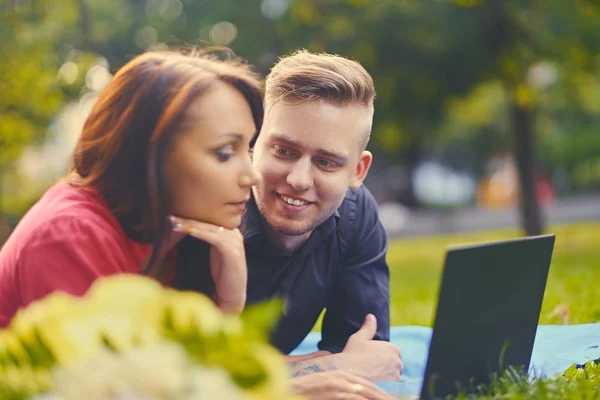 Ελκυστικό ζευγάρι χρησιμοποιώντας ένα φορητό υπολογιστή σε ένα πικ-νικ — Φωτογραφία Αρχείου