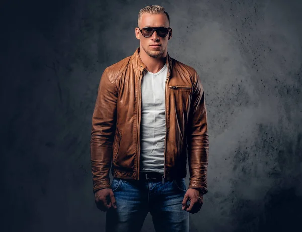 Blond man in rown leather jacket — Stock Photo, Image