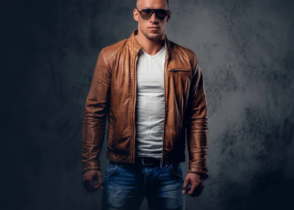 Blond man in rown leather jacket — Stock Photo, Image