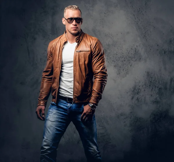 Blond man in rown leather jacket — Stock Photo, Image