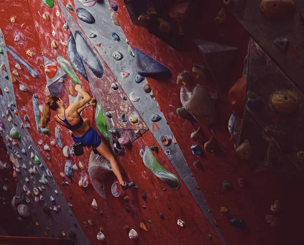 Professionele vrouwelijke klimmer op een muur boulderen. — Stockfoto