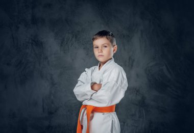 Beyaz karate kimonosu giymiş bir çocuk.