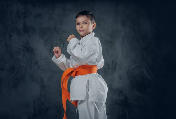 Niño preescolar en un kimono de karate blanco — Foto de Stock
