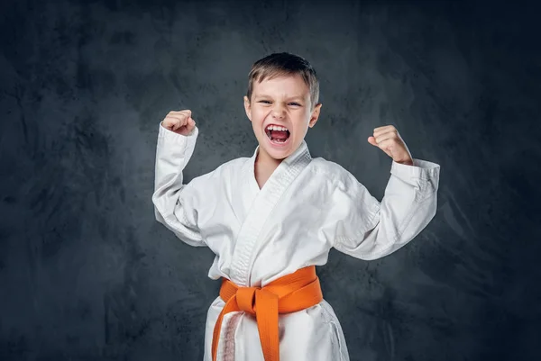Beyaz karate kimonosu giymiş bir çocuk. — Stok fotoğraf