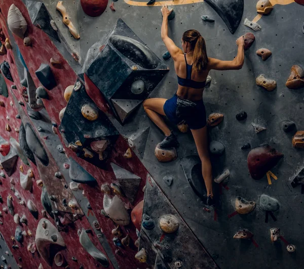 Livre alpinista fêmea bouldering dentro de casa . — Fotografia de Stock