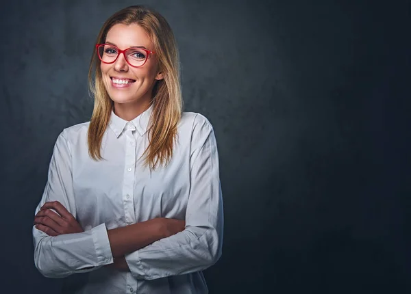 Blond business woman in a white shirt. — Stock Photo, Image