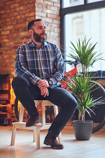 Sakallı hippi erkek üzerinde ahşap sandalye