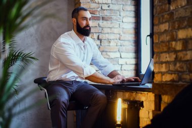 Şık sakallı erkek ile bir dizüstü bilgisayar çalışır.