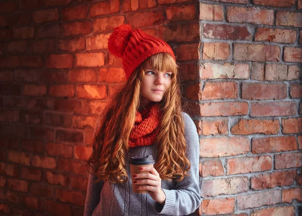 Rossa femmina in un cappello caldo rosso e guanti . — Foto Stock