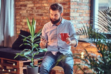 Smartphone kullanarak şık sakallı erkek