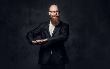 Kızıl saçlı sakallı erkek gri arka plan üzerinde bir zarif yün takım elbise giymiş gözlük'portresi.