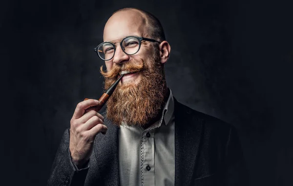 Close Portrait Shaved Head Aristocratic Male Eyeglasses Smoking Pipe Grey — Stock Photo, Image