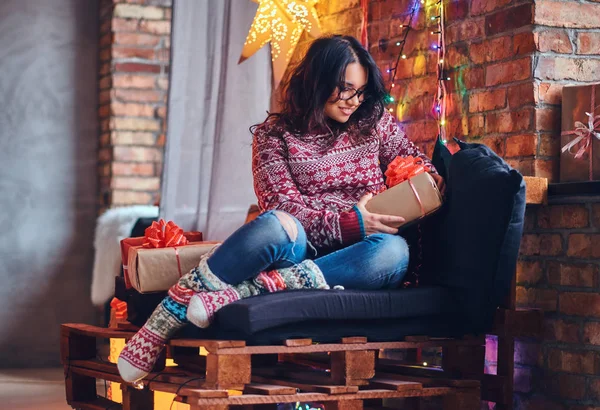 Full Body Image Brunette Female Eyeglasses Dressed Jeans Red Sweater — Stock Photo, Image