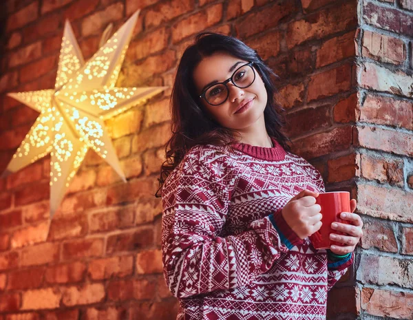 Portrait Brunette Female Dressed Red Sweater Drinks Coffee Wall Brick — Stock Photo, Image