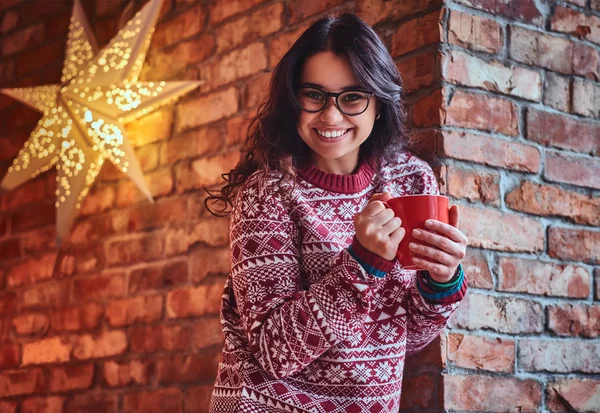 Portrait Brunette Female Dressed Red Sweater Drinks Coffee Wall Brick — Stock Photo, Image