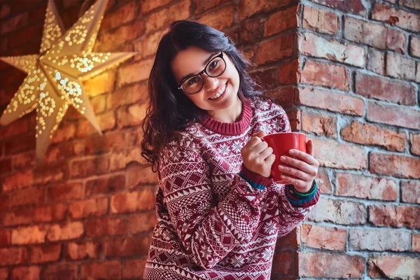 Portrait Brunette Female Dressed Red Sweater Drinks Coffee Wall Brick — Stock Photo, Image