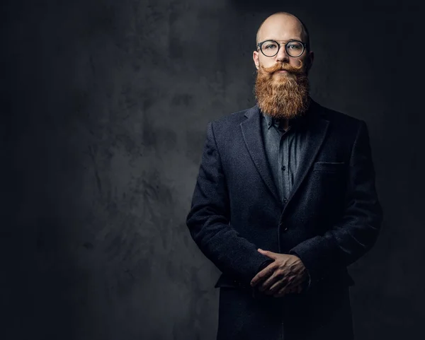 Studio Portrait Redhead Bearded Male Vintage Eyeglasses Dressed Wool Jacket — Stock Photo, Image