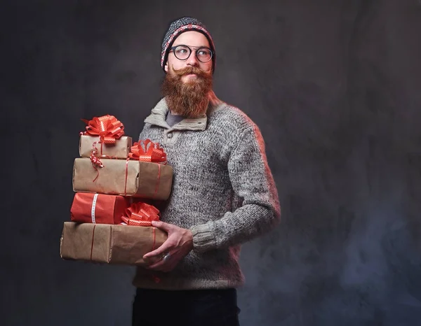 Retrato Hombre Barbudo Gafas Vestidas Con Suéter Lana Caliente Sombrero — Foto de Stock