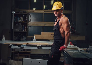 Portre gömleksiz kas marangoz bir atölye.