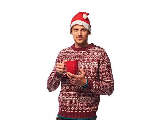 Portrait Attractive Male Santa Hat Holds Big Red Cup Coffee — Stock Photo, Image