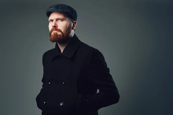 Portrait Redbeard Elegant Male Dressed Tweed Flat Cap Black Jacket — Stock Photo, Image