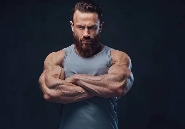 Portrait Bodybuilder Barbu Brutal Aux Bras Croisés Vêtu Une Chemise — Photo