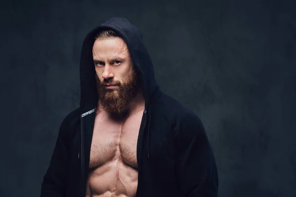 Brutal bearded bodybuilder dressed in a black jacket with a hood isolated on a grey background.