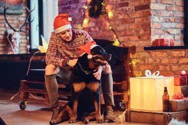 hippi erkek Rottweiler köpeğiyle