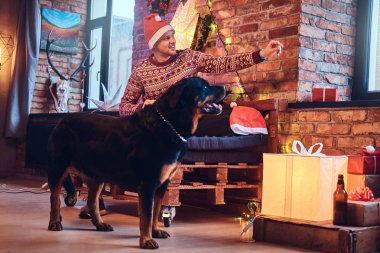 hippi erkek Rottweiler köpeğiyle