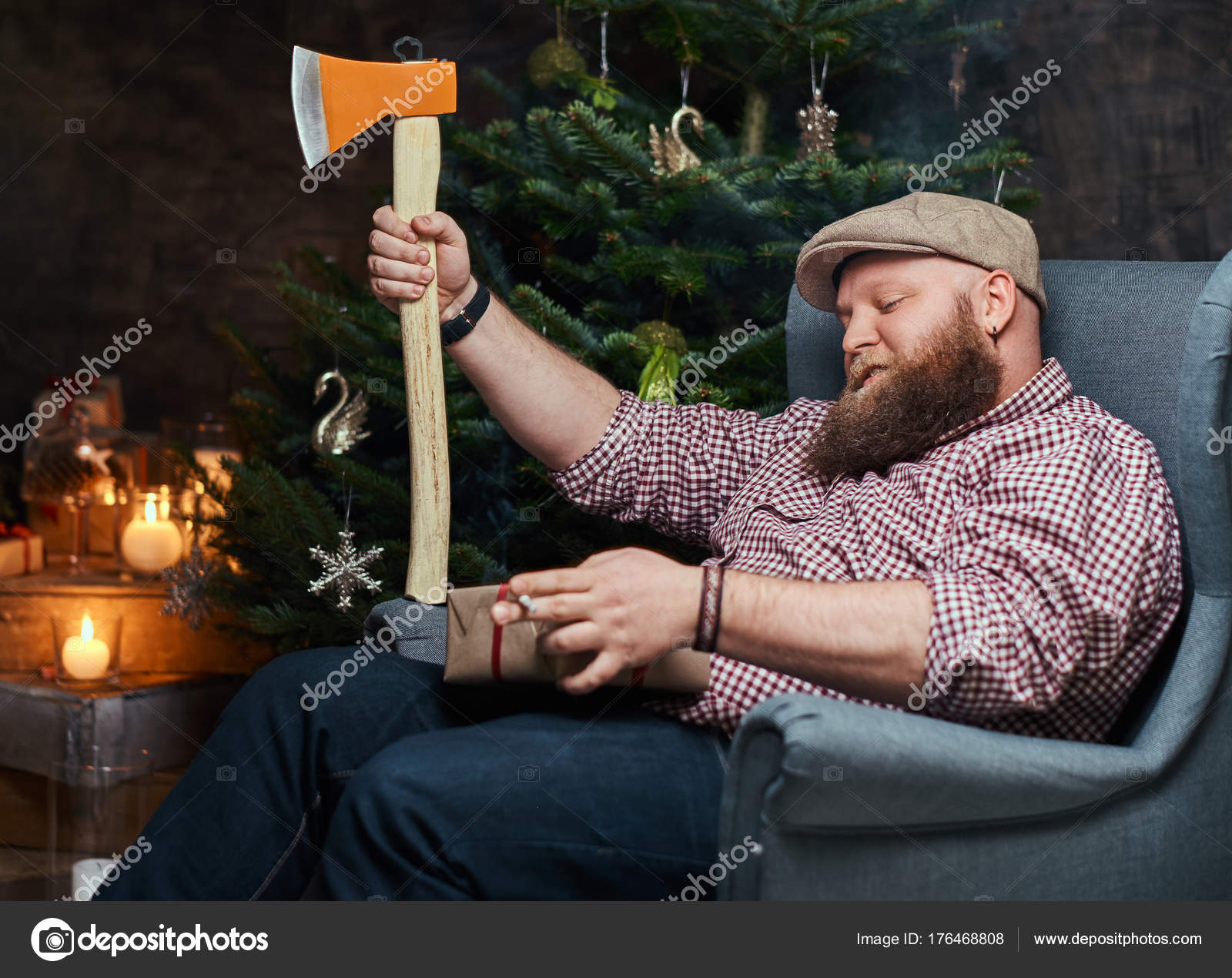 Plump Bearded Hipster Male Sits Chair Holds Axe Room