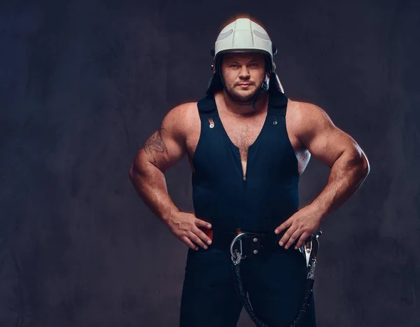 Brutal Firefighter Dressed Underwear Waistcoat White Firefighter Helmet — Stock Photo, Image