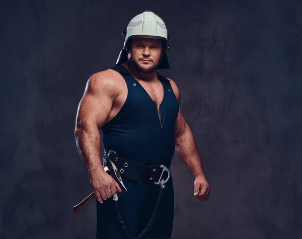 Brutal Firefighter Dressed Underwear Waistcoat White Firefighter Helmet — Stock Photo, Image