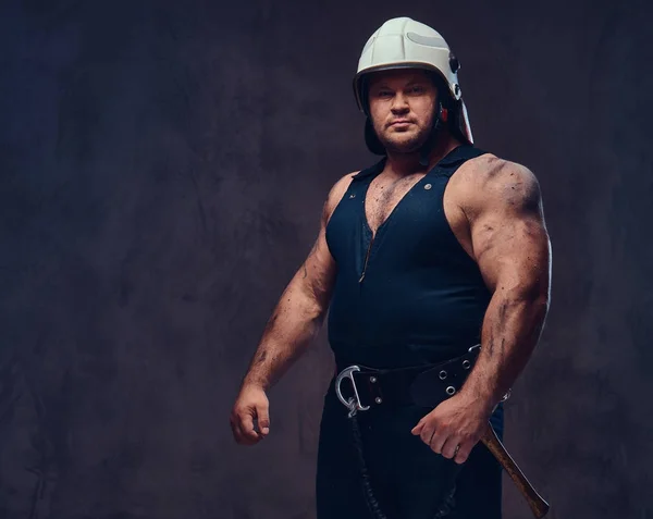 Brutal Firefighter Dressed Underwear Waistcoat White Firefighter Helmet — Stock Photo, Image