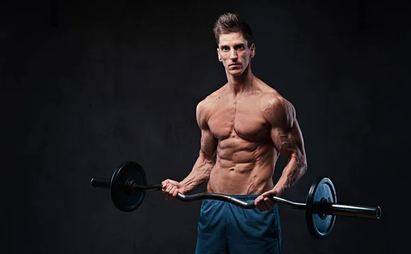 Entrenamiento Barra Bíceps Masculino Sin Camiseta Atlética Sobre Fondo Gris —  Fotos de Stock