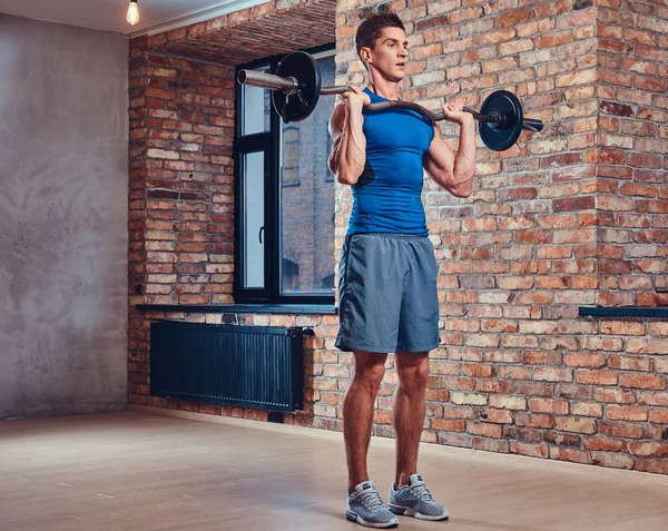 Muscular Male Doing Biceps Exercises Barbell Club Loft Interior — Stock Photo, Image