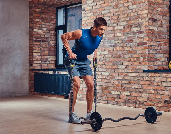 Muscular Male Doing Biceps Exercises Barbell Club Loft Interior — Stock Photo, Image