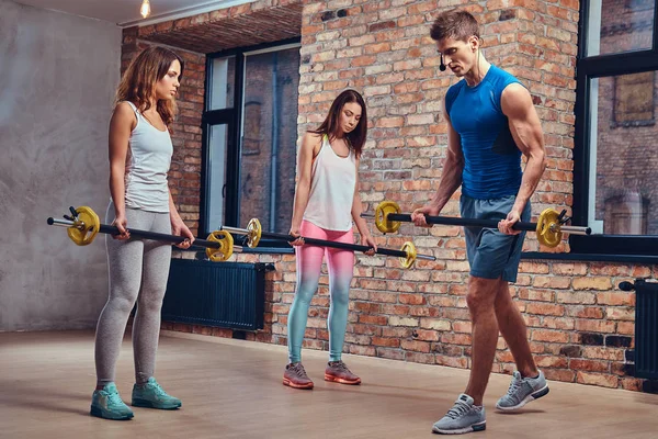 Two fitness women and a coach, stretching squats with barbells in a club with loft interior.