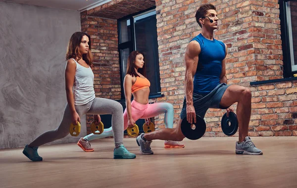 Adults Doing Squats Male Fitness Coach Club Loft Interior — Stock Photo, Image