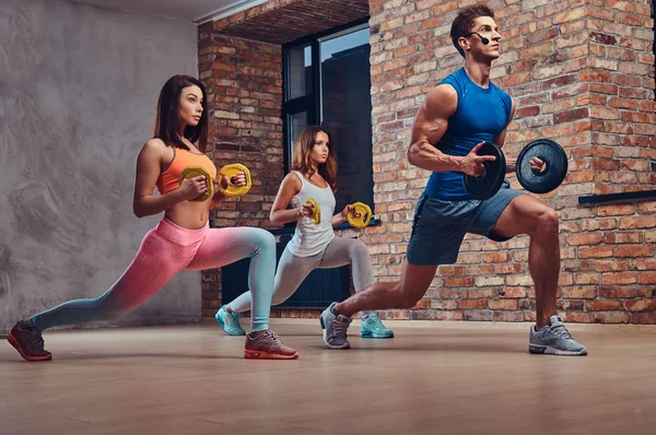 Adults Doing Squats Male Fitness Coach Club Loft Interior — Stock Photo, Image