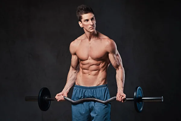 Entrenamiento Barra Bíceps Masculino Sin Camiseta Atlética Sobre Fondo Gris —  Fotos de Stock