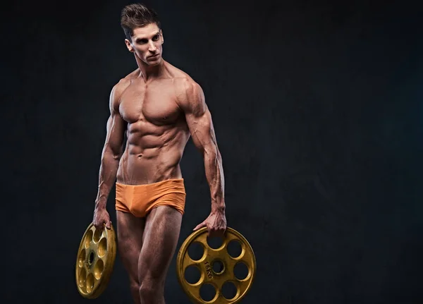 Shirtless Athletic Ectomorph Male Holds Barbell Weights Arms — Stock Photo, Image