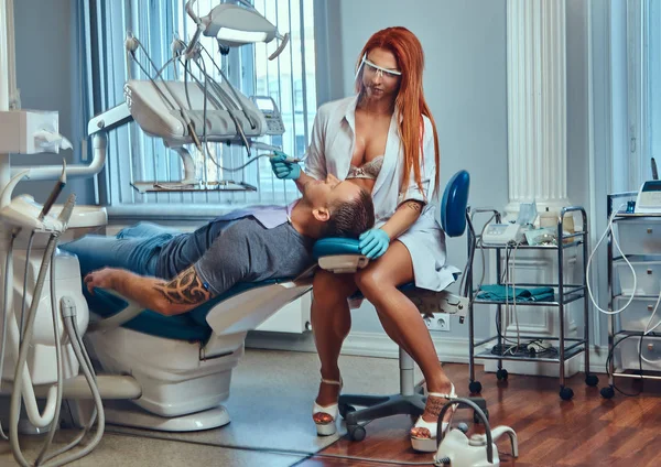 Sexy Hot Redhead Dentist Woman Work Office Taking Care Her — Stock Photo, Image