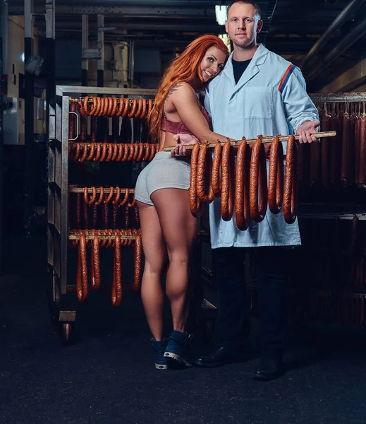 Portrait Chef His Female Helper Sausage Storage — Stock Photo, Image